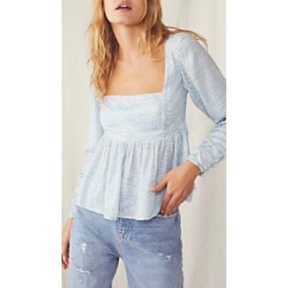 Free People Silent Rawr Zebra Print Blouse Womens Small Blue Silky Open Back - Picture 1 of 12